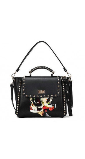 Skull pattern Black Faux leather Saucy Handbag