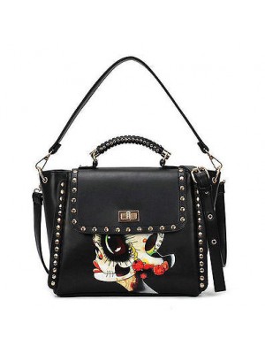 Skull pattern Black Faux leather Saucy Handbag